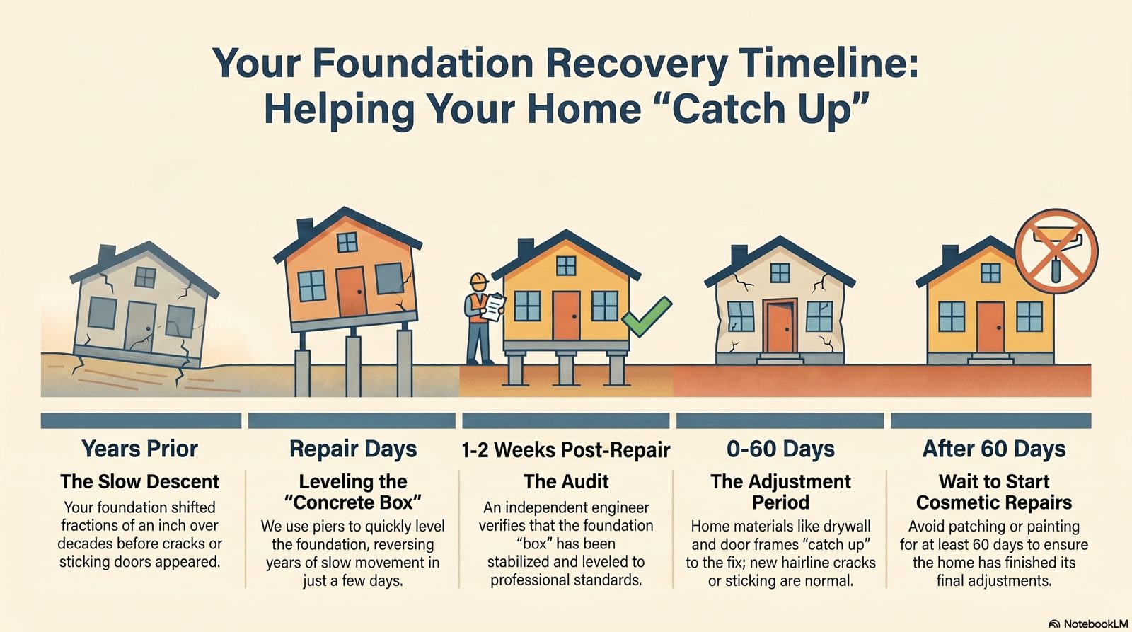 Foundation recovery timeline: slow descent, repair days, audit, 60-day adjustment, then cosmetic repairs